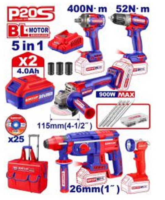 ECKL2058, 5 Pcs Cordless industrial combo kit - 20V, Brushless Professional Cordless Power Tool with Battery Charger Kit